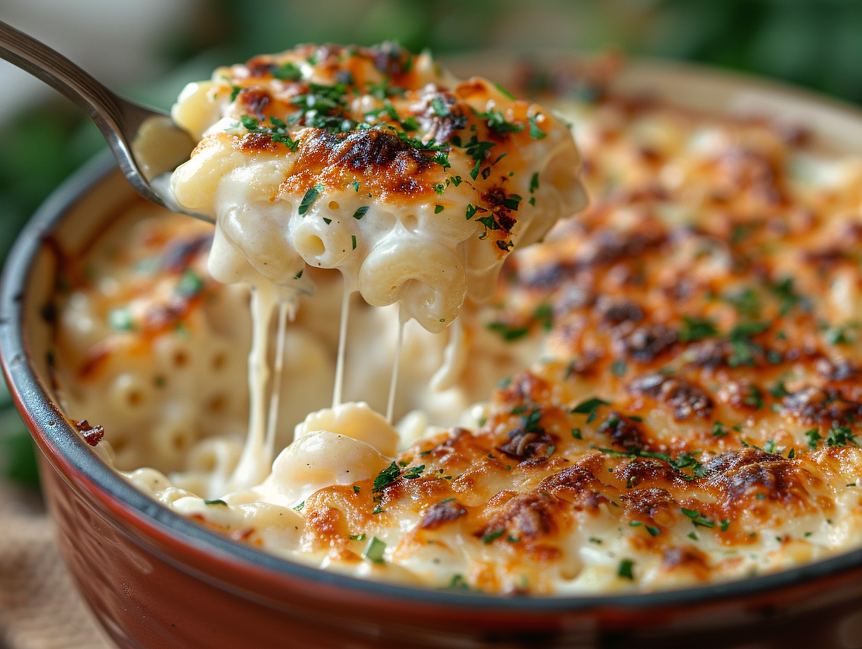 A close-up of a bowl of macaroni and cheese with melted, golden-brown cheese topping, garnished with chopped parsley, showcasing a fork lifting a cheesy, creamy portion of pasta.