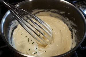 A creamy Alfredo sauce being whisked in a stainless steel pot, garnished with fresh parsley for added flavor and presentation.