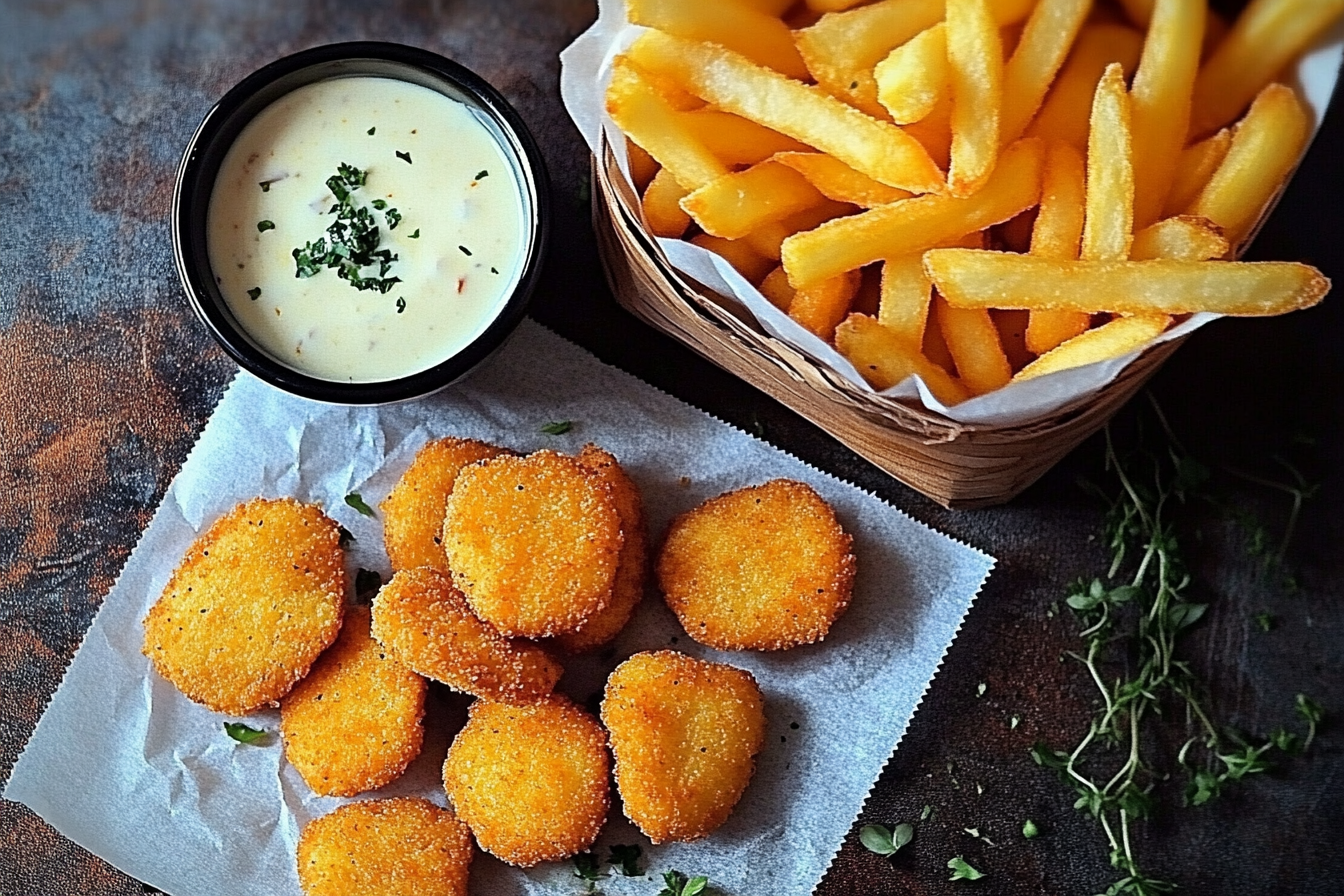 Crispy chicken nuggets served on parchment paper alongside golden French fries in a wooden basket, accompanied by a creamy dipping sauce garnished with fresh herbs.