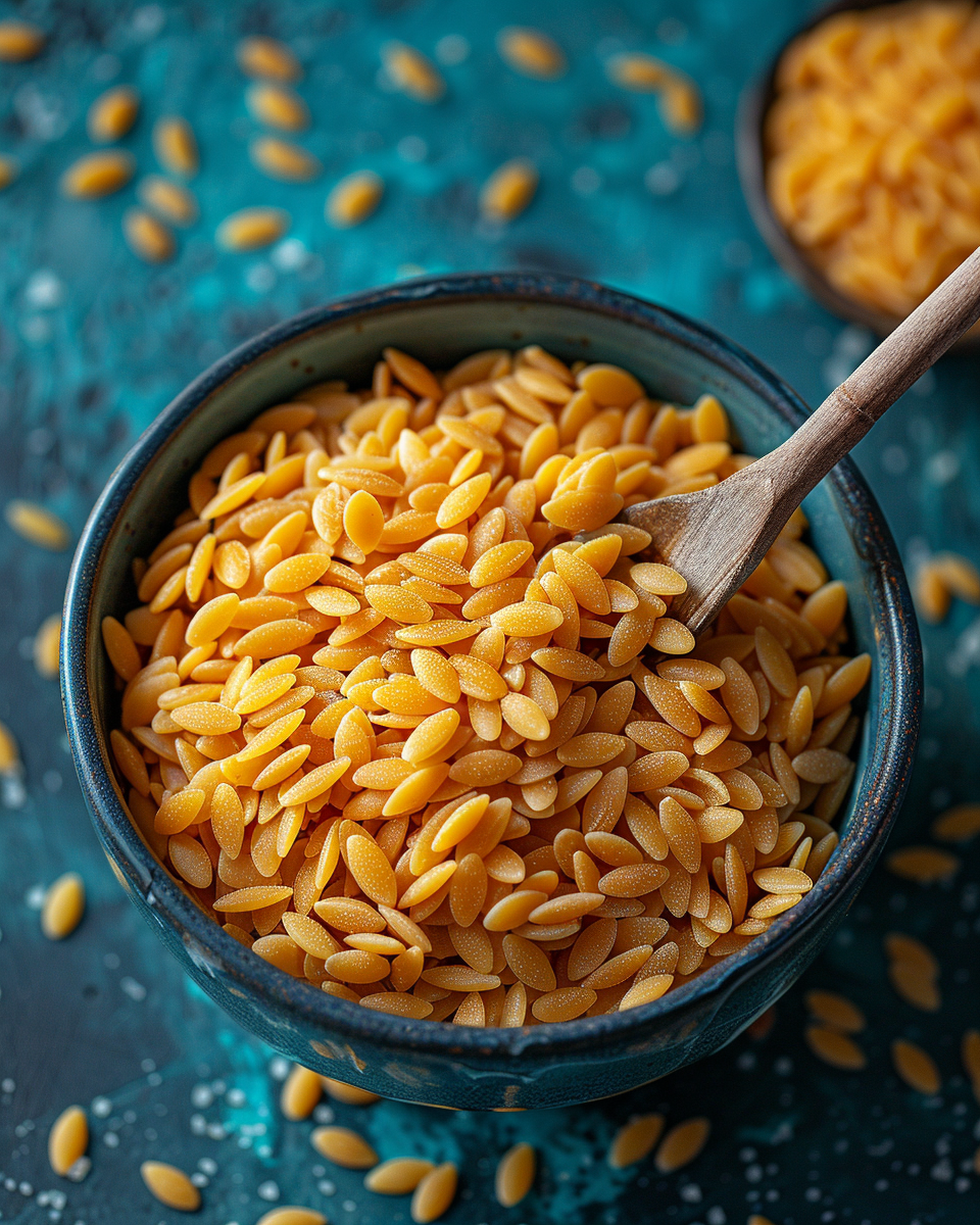 A close-up view of uncooked orzo pasta in a rustic blue ceramic bowl with a wooden spoon, scattered orzo in the background on a teal textured surface.