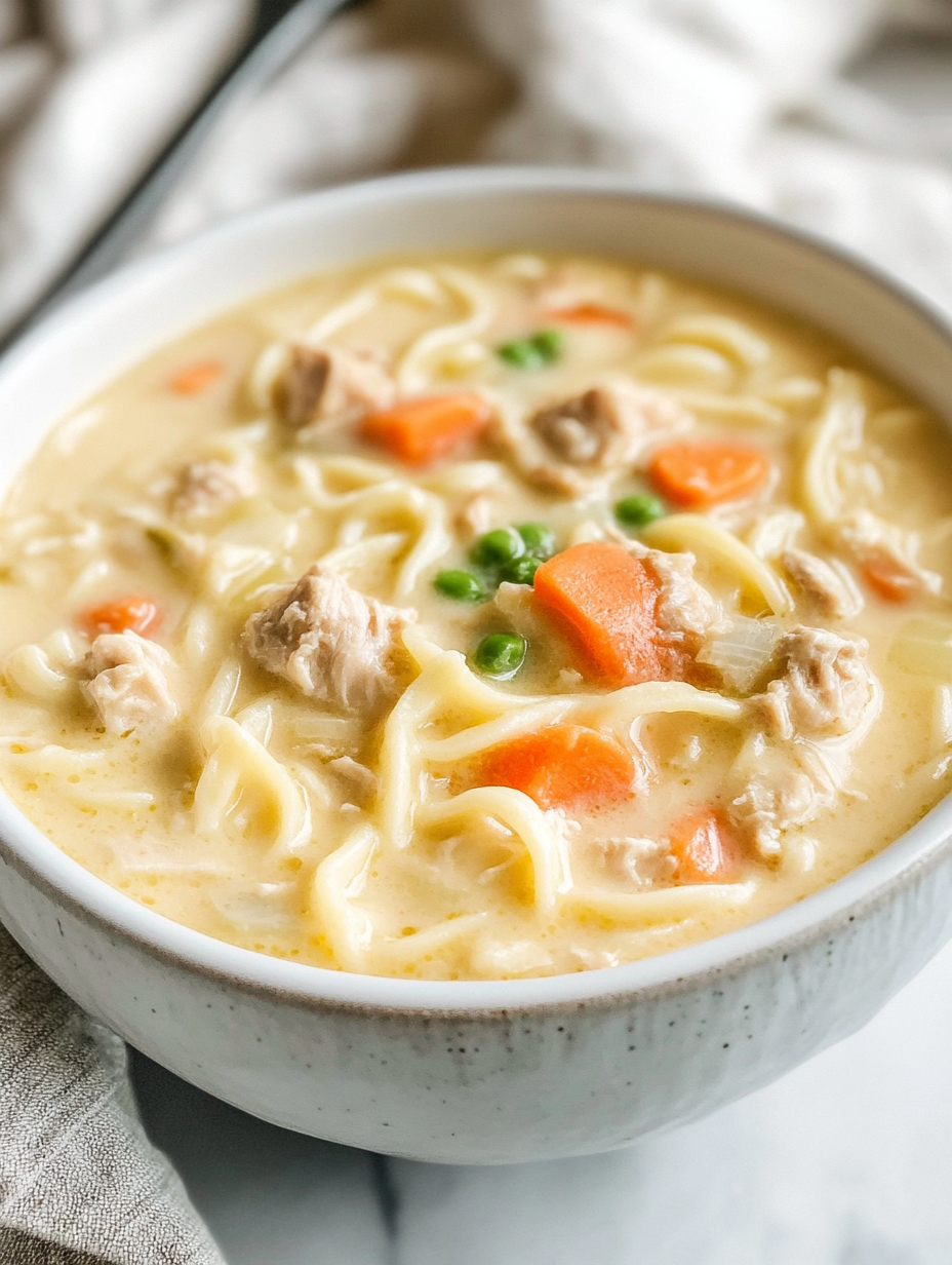 A bowl of creamy chicken noodle soup with pieces of chicken, carrots, peas, and noodles in a white ceramic bowl, placed on a light surface.