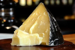 A wedge of hard-aged cheese with a dark rind, placed on a wooden board with a blurred background, highlighting its rich texture.