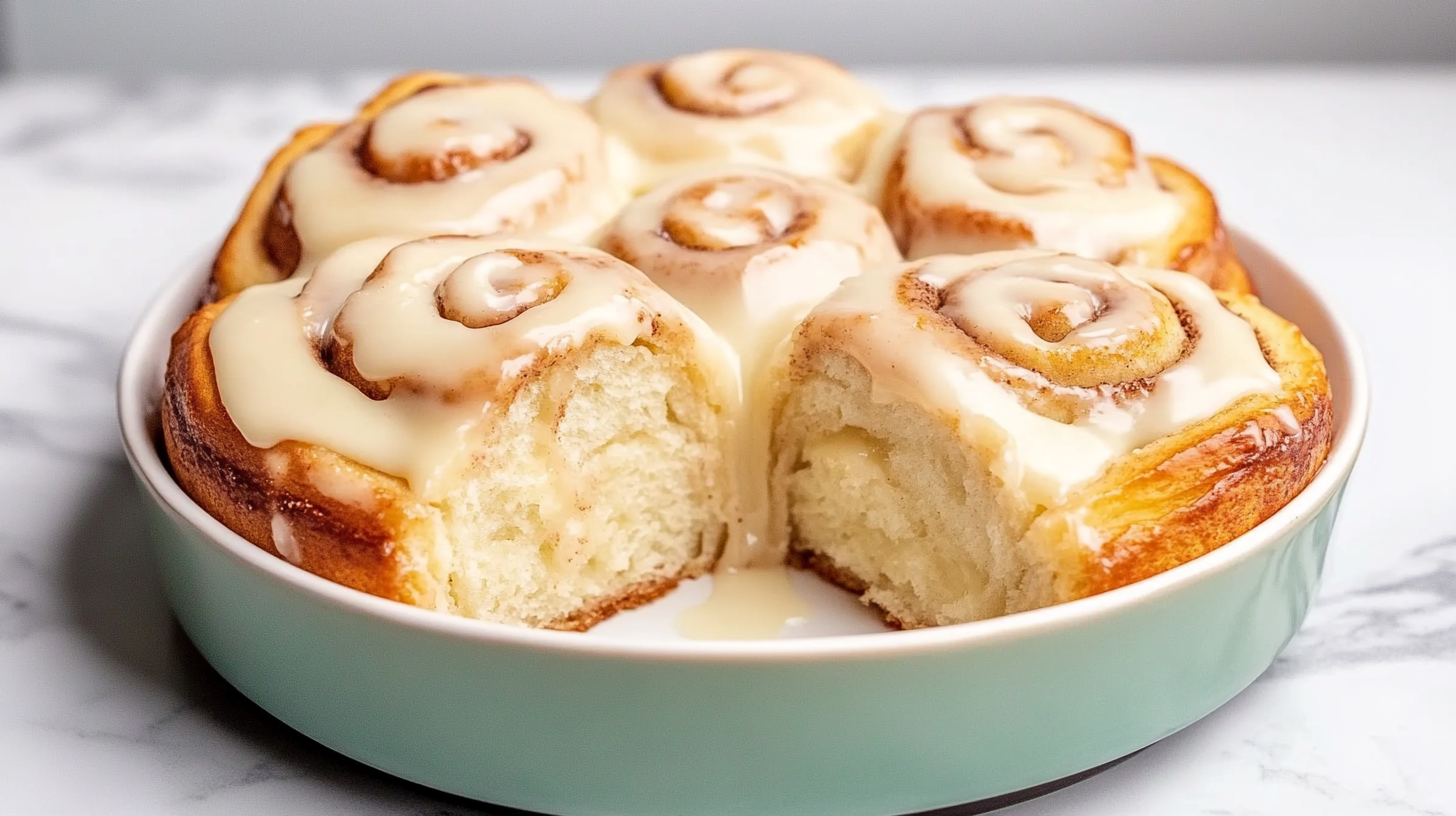 A close-up of soft, fluffy cinnamon rolls topped with a smooth, creamy glaze, served in a pastel green round dish on a white marble surface.