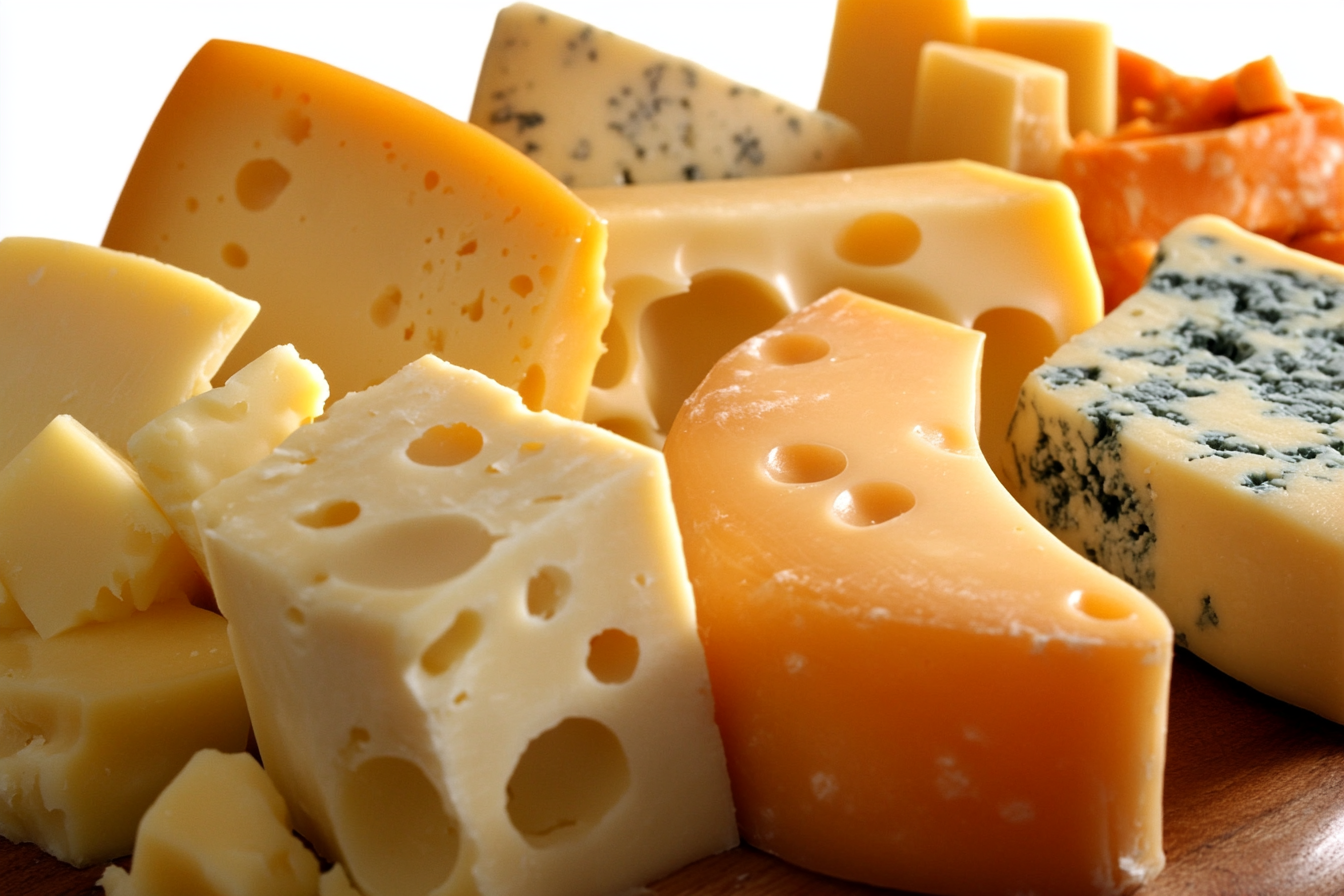 A variety of cheeses including Swiss, blue cheese, and cheddar, arranged on a wooden surface.