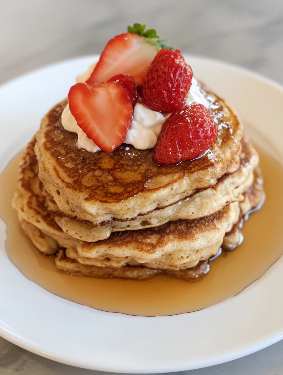 A stack of fluffy pancakes topped with fresh strawberries, whipped cream, and drizzled with maple syrup on a white plate.
