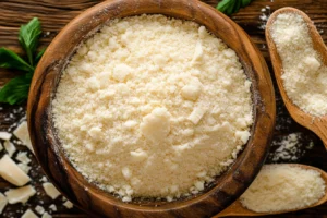 A wooden bowl filled with finely grated Parmesan cheese, surrounded by fresh basil leaves, cheese shavings, and a wooden spoon holding more grated Parmesan.