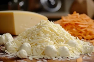 A pile of shredded mozzarella cheese surrounded by dollops of fresh cheese on a wooden board, with blocks of cheese in the background.