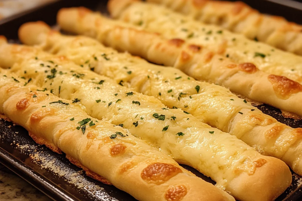 Homemade cheesy garlic breadsticks topped with parsley and melted cheese.