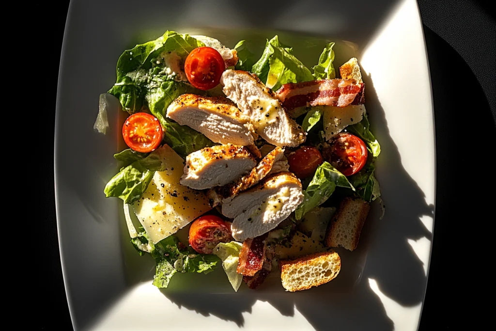 Grilled chicken salad with cherry tomatoes, bacon, croutons, and shredded Parmesan cheese on a white plate.