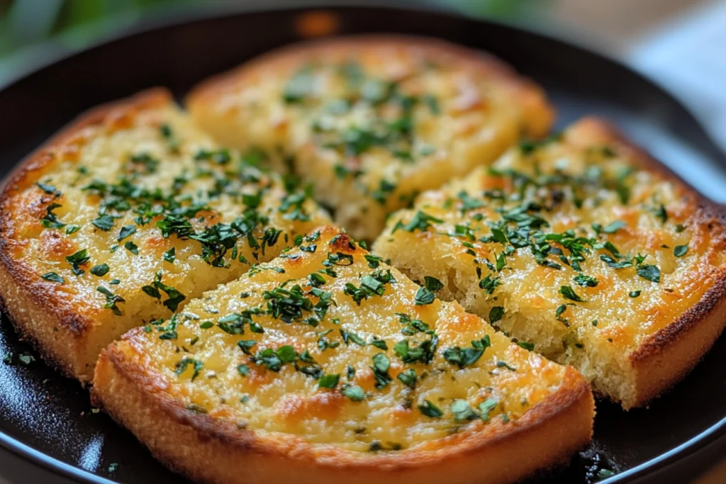 Sliced low-carb garlic bread topped with fresh parsley on a black plate.