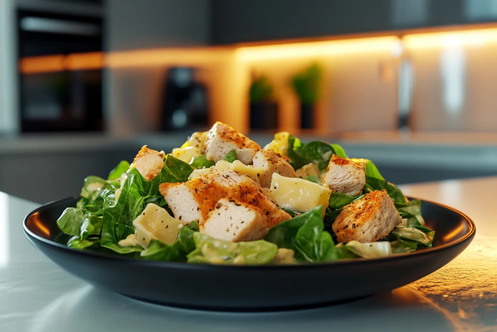 Grilled chicken Caesar salad with spinach, lettuce, and cheese in a black bowl.