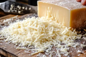 A block of Parmigiano cheese on a wooden board, surrounded by freshly grated cheese, with a grater in the background.