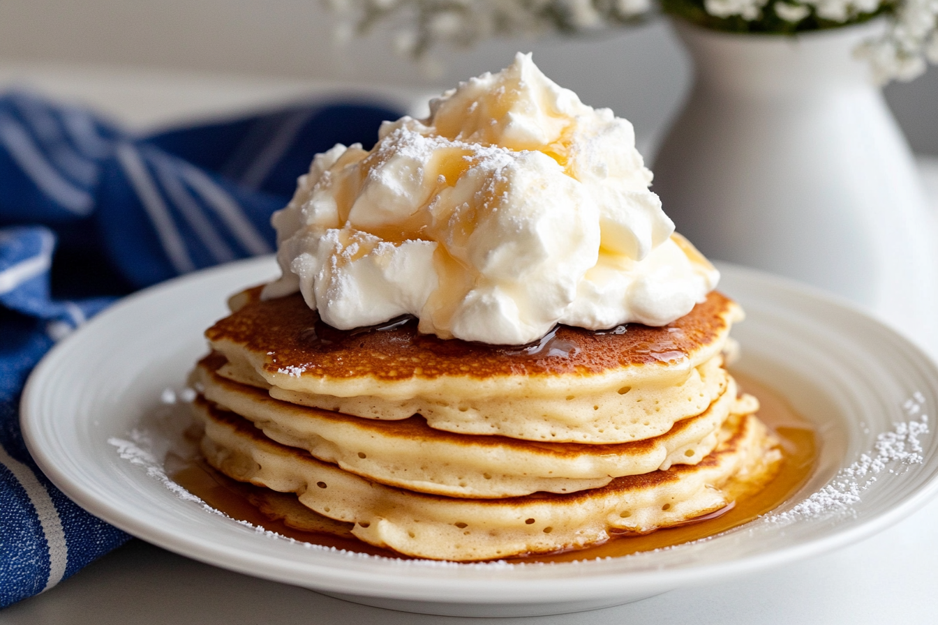 A stack of fluffy golden pancakes topped with whipped cream, drizzled with syrup, and dusted with powdered sugar, served on a white plate with a blurred blue-striped napkin in the background.