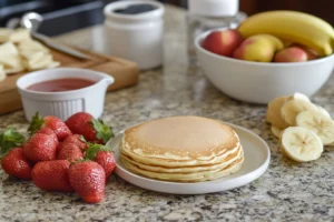 A breakfast setup featuring a stack of golden pancakes on a white plate, surrounded by fresh strawberries, banana slices, a bowl of fruit, and a small dish of syrup, placed on a granite countertop.