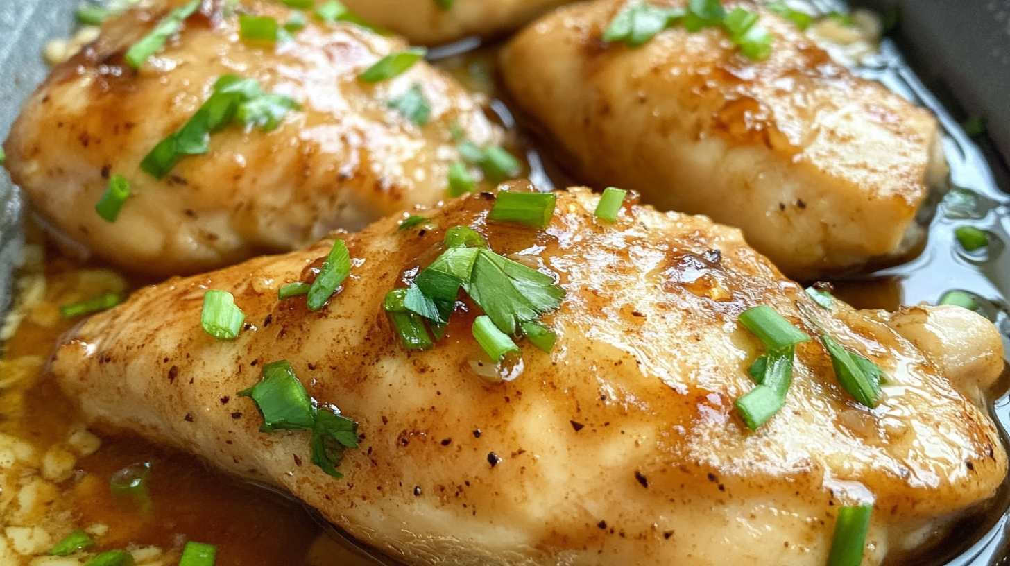 Close-up of tender, glazed chicken fillets garnished with freshly chopped green onions, served in a savory sauce with a rich golden-brown hue.