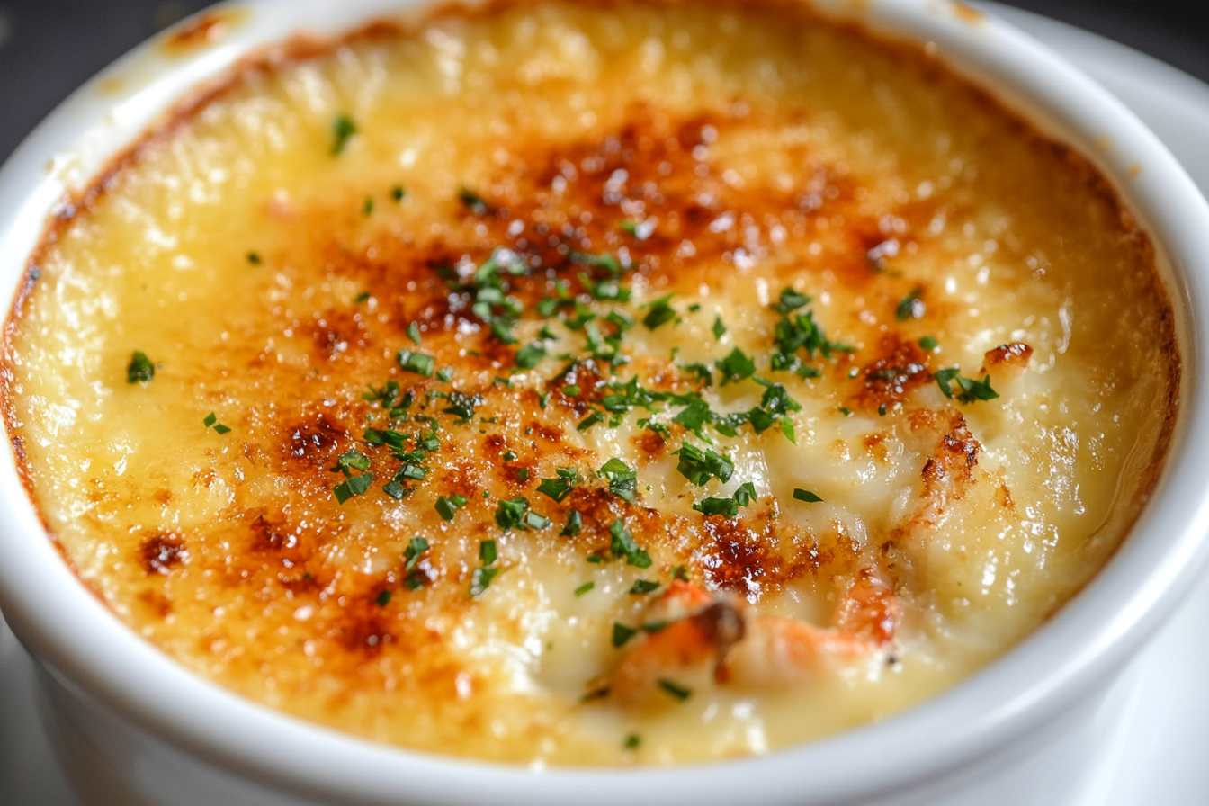 A close-up of a golden-brown crab brûlée served in a white ramekin, topped with caramelized crust and fresh herbs, creating a rich and creamy seafood delicacy.