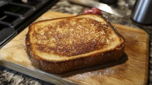 A single slice of golden-brown French toast with a perfectly crisped surface on a wooden cutting board, set in a rustic kitchen environment.