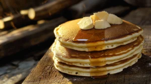 A stack of golden pancakes topped with butter cubes and drizzled with maple syrup, served on a rustic wooden surface with a warm, cozy background.