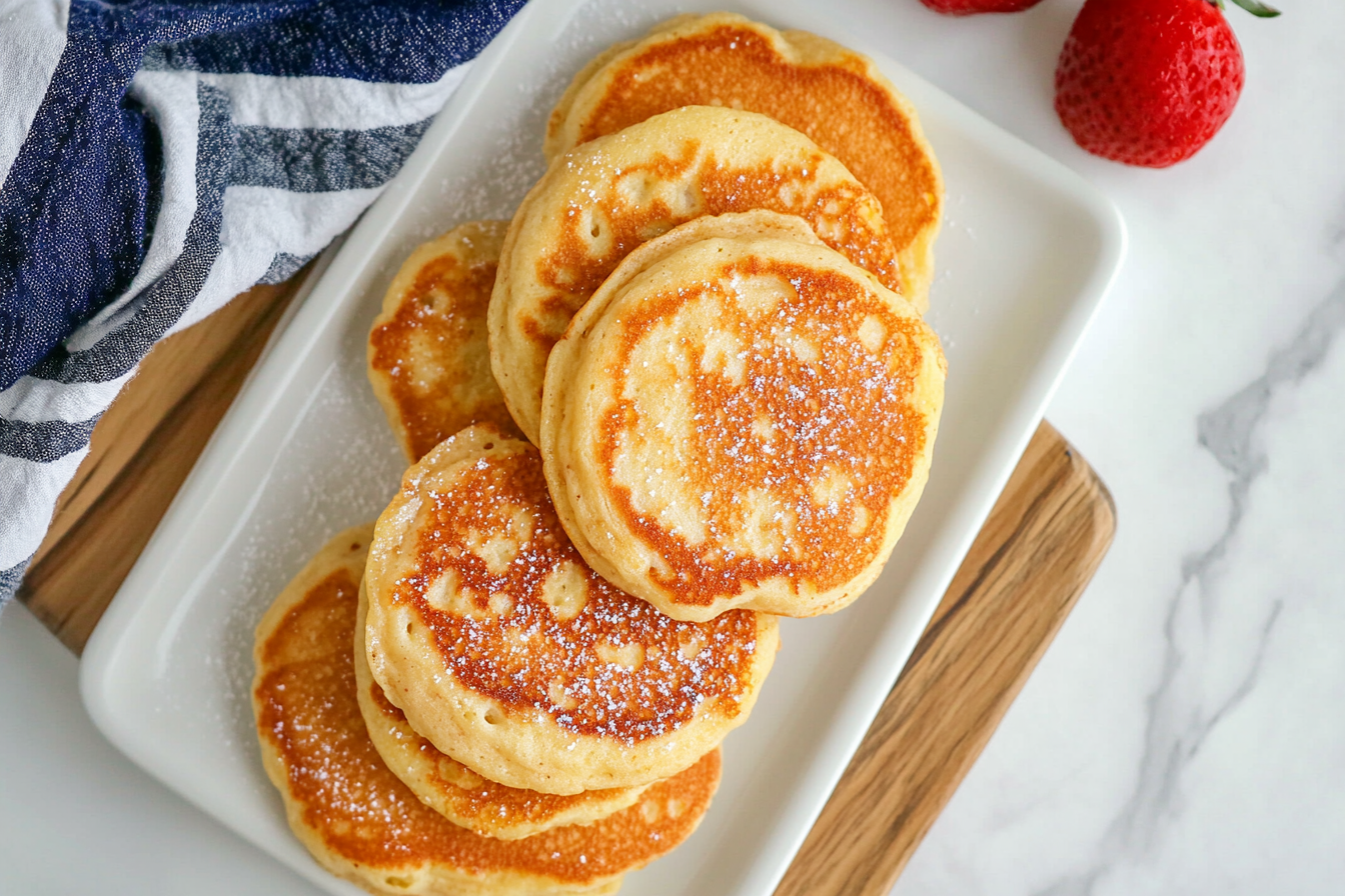 A close-up view of golden, fluffy pancakes stacked on a white rectangular plate, lightly dusted with powdered sugar, placed on a wooden board with fresh strawberries on the side.
