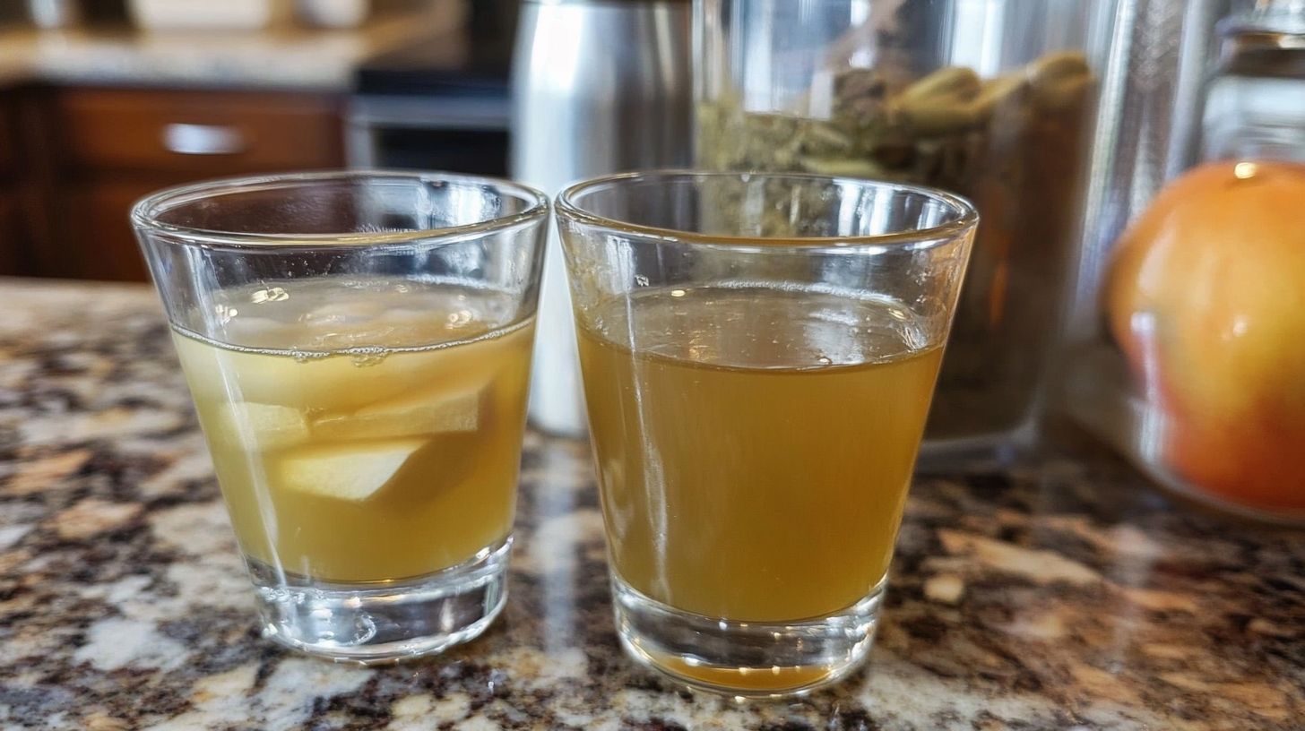 Two small glasses of a golden beverage placed on a granite countertop, one with visible ice cubes and apple slices, surrounded by a blurred background of spices, a stainless steel container, and an apple.